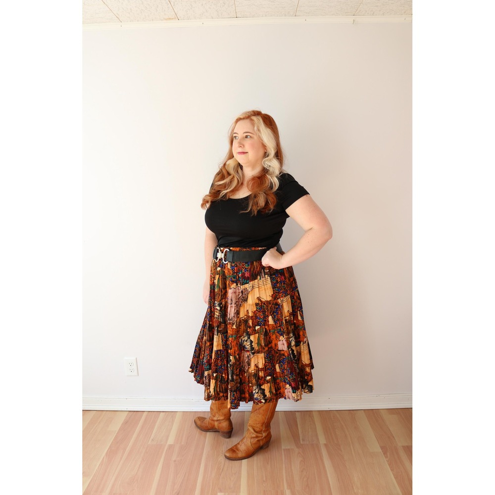 Vintage Western Novelty Print Broomstick Skirt Brown Multi Tiered Pleated Midi - Picture 4 of 9